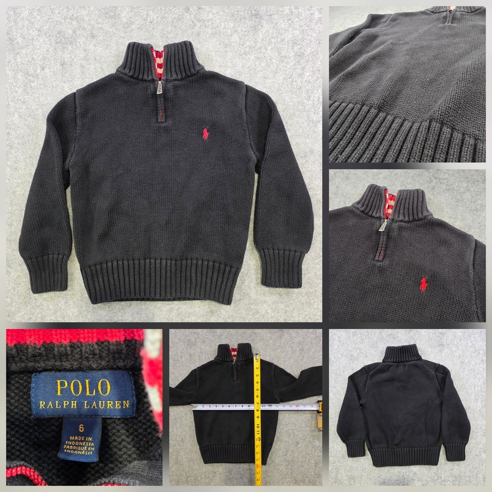 Polo Ralph Lauren Sweater Youth 6 Black 1/4 Zip Mock Neck Cotton‎ Knit Pullover